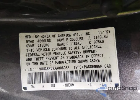 2010 Acura Tl 3.5 z USA, uszkodzony, nr VIN 19UUA8F57AA006083
